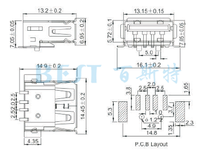 USB插座USB-A-18参考图纸