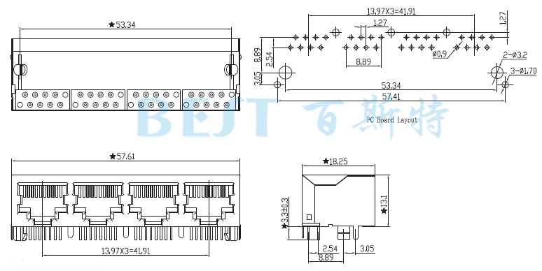 RJ45插座5621S 10P8C 1X4参考图纸