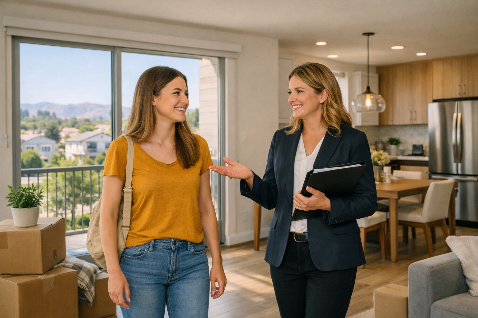 First-time renter touring an apartment in the Bay Area with a property manager.